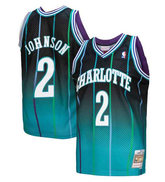 Men%27s Charlotte Hornets #2 Larry Johnson Teal Black Throwback Stitched Jersey Dzhi